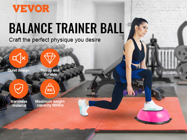woman performing lunges on a VEVOR balance ball trainer in a gym next to various exercise equipment.