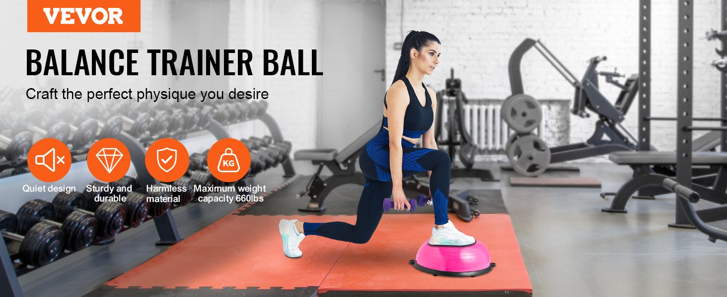 woman performing lunges on a VEVOR balance ball trainer in a gym next to various exercise equipment.