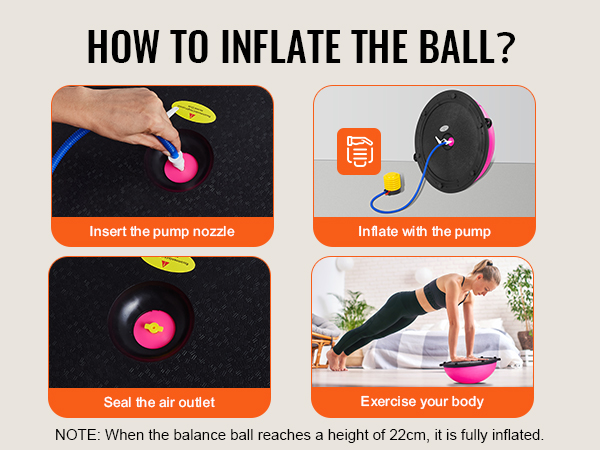 how to inflate the VEVOR balance ball trainer: insert pump nozzle, inflate, seal, and exercise your body.