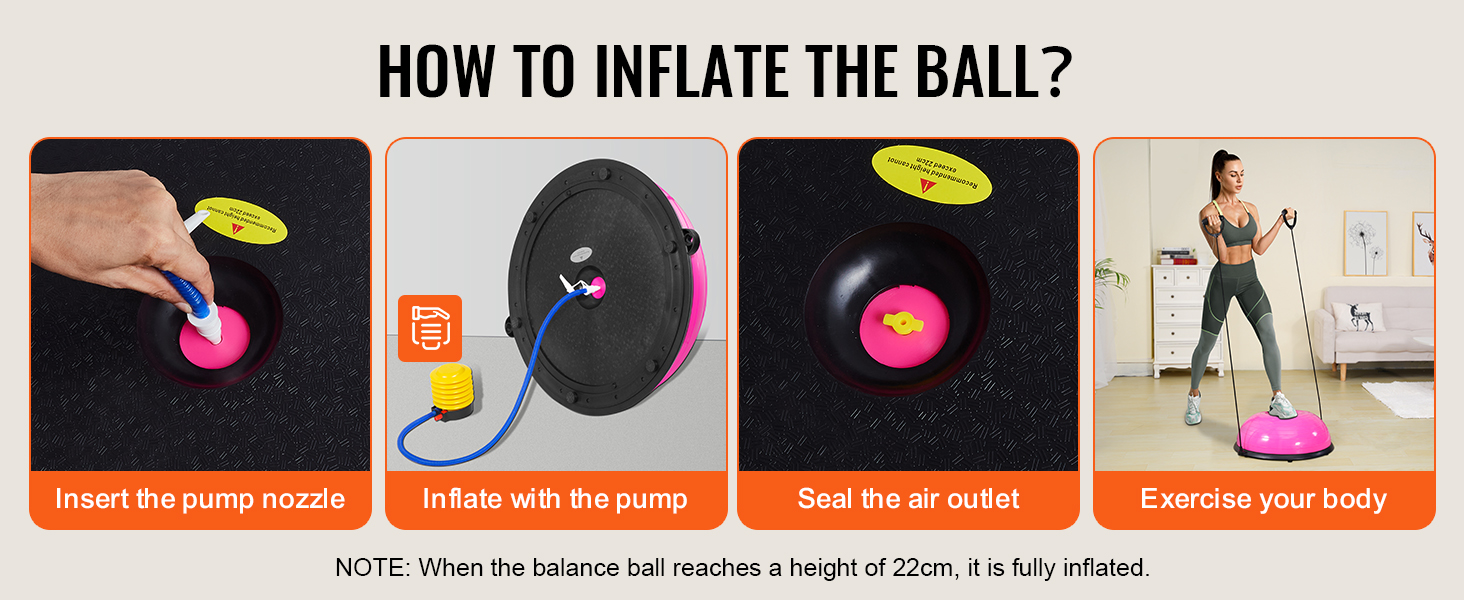 how to inflate the VEVOR balance ball trainer: insert pump nozzle, inflate, seal, and exercise your body.