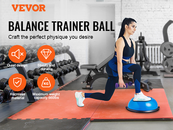 VEVOR balance ball trainer in gym, highlighting features: quiet, durable, harmless, and 660lbs capacity.