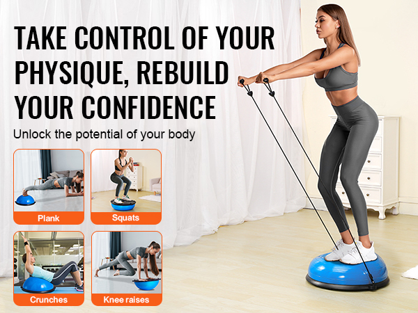 VEVOR balance ball trainer with examples of plank, squats, crunches, and knee raises exercises.