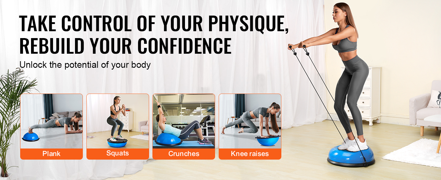 VEVOR balance ball trainer with examples of plank, squats, crunches, and knee raises exercises.