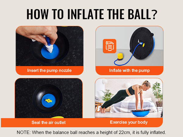 how to inflate the VEVOR balance ball trainer: insert nozzle, inflate, seal air outlet, exercise.