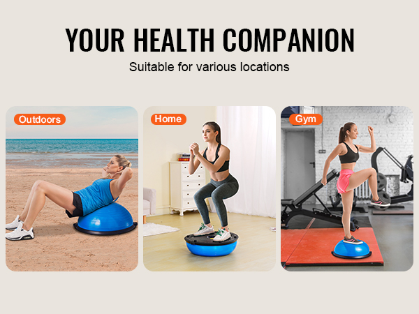 VEVOR balance ball trainer used outdoors on beach, at home for squats, and in gym for step exercises.