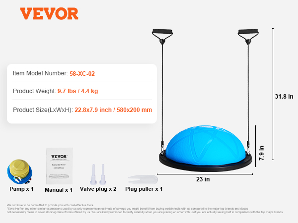 VEVOR half exercise ball trainer with pump, manual, valve plugs, and plug puller, dimensions: 22.8x7.9 in.