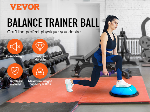 VEVOR half exercise ball trainer in a gym with dumbbells and workout machines in the background.