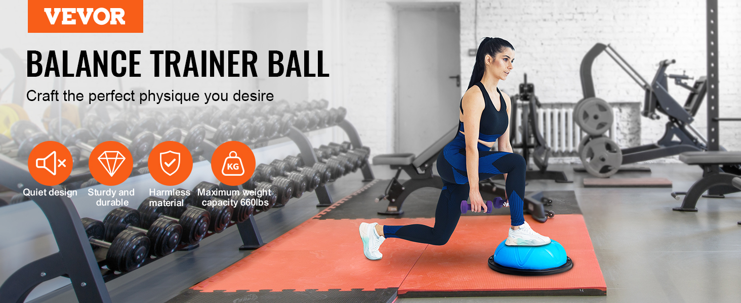 VEVOR half exercise ball trainer in a gym with dumbbells and workout machines in the background.