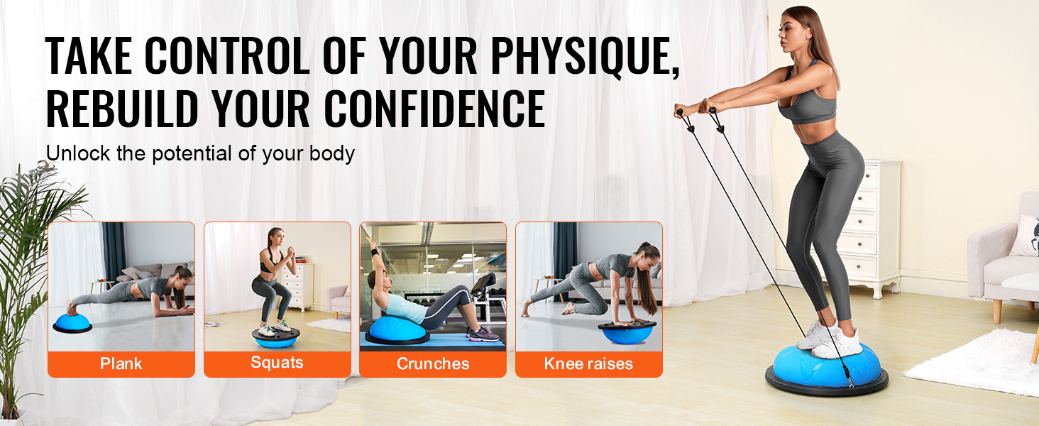 VEVOR half exercise ball trainer for planks, squats, crunches, and knee raises at home.