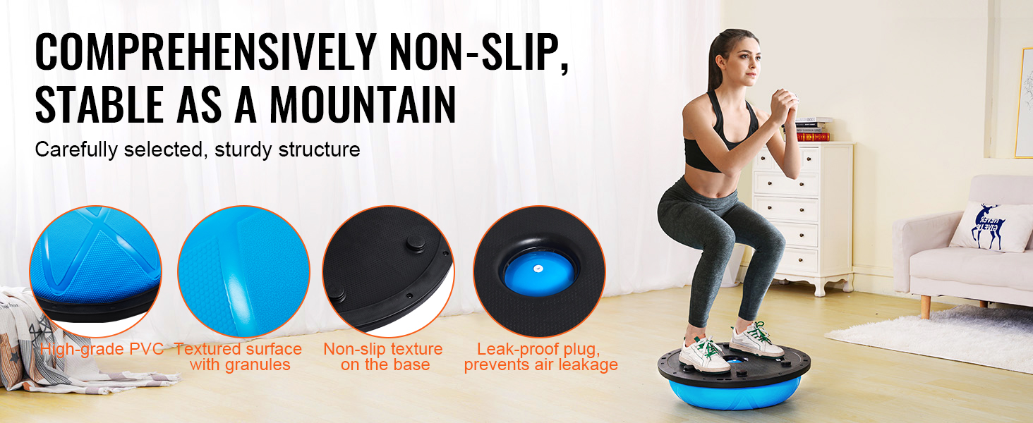 woman squatting on VEVOR half exercise ball trainer in living room, showing non-slip textured surface and leak-proof plug.