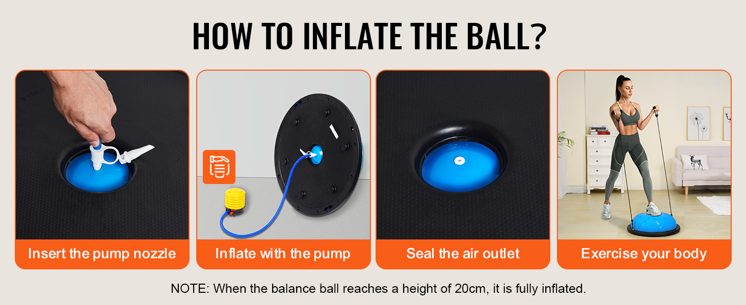 how to inflate VEVOR half exercise ball trainer: insert pump nozzle, inflate, seal, exercise.
