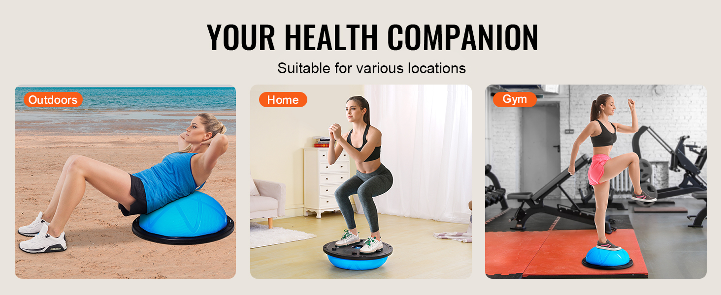 VEVOR half exercise ball trainer used outdoors, at home, and in the gym for versatile workouts.