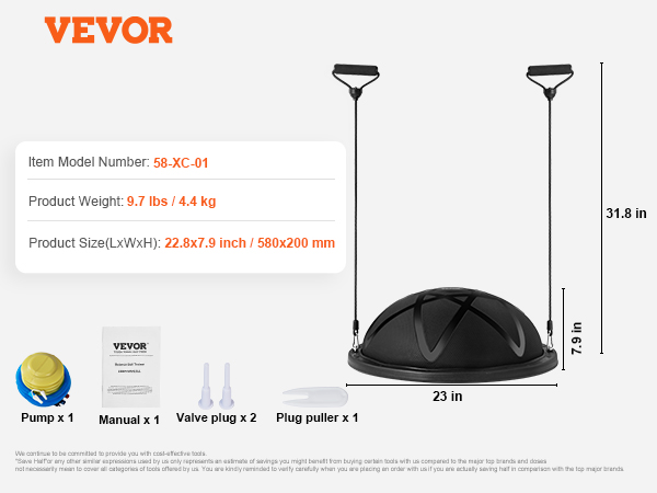 VEVOR līdzsvara bumbiņu trenažieris ar sūkni, rokasgrāmatu, vārstu aizbāžņiem, aizbāžņu izvilcēju, modelis 58-xc-01, norādītie izmēri.