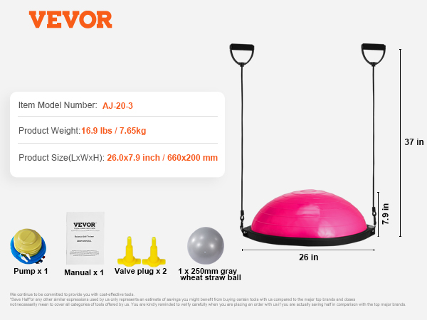 VEVOR balance ball trainer with pump, manual, valve plugs, and gray wheat straw ball, product dimensions.