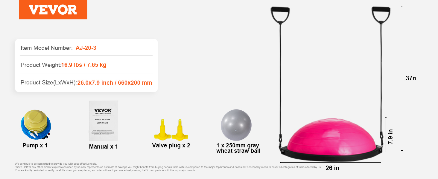 VEVOR balance ball trainer with pump, manual, valve plugs, and gray wheat straw ball, product dimensions.
