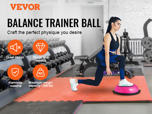 gym setting showcasing a woman using a pink VEVOR balance ball trainer for a lunging exercise.