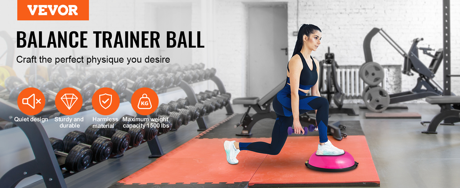 gym setting showcasing a woman using a pink VEVOR balance ball trainer for a lunging exercise.