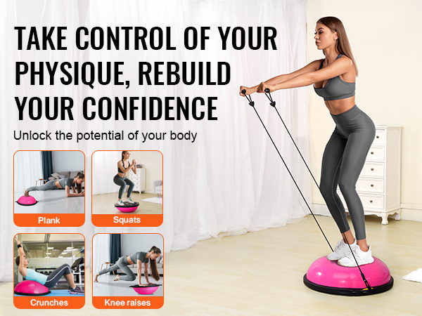person exercising with a VEVOR balance ball trainer featuring plank, squats, crunches, and knee raises