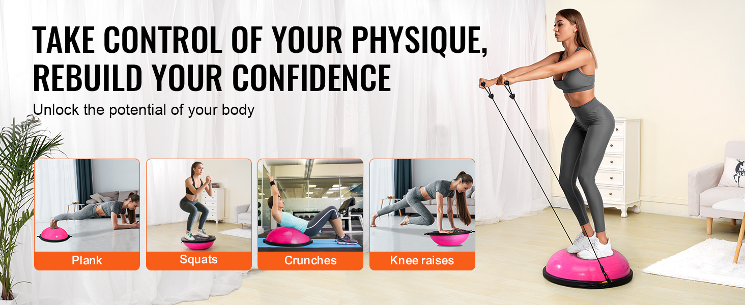 person exercising with a VEVOR balance ball trainer featuring plank, squats, crunches, and knee raises