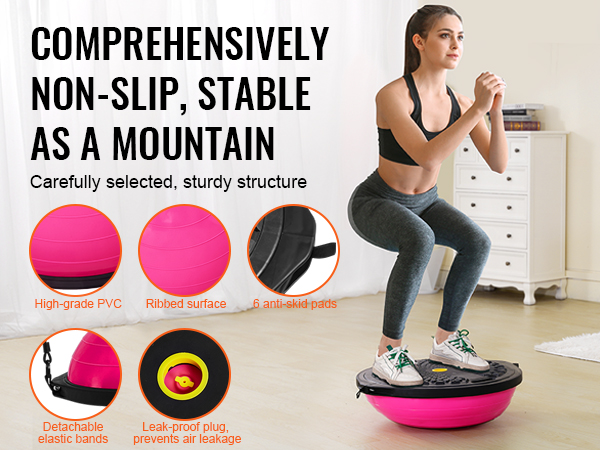 woman exercising on pink VEVOR balance ball trainer, showcasing high-grade pvc, anti-skid pads, elastic bands.