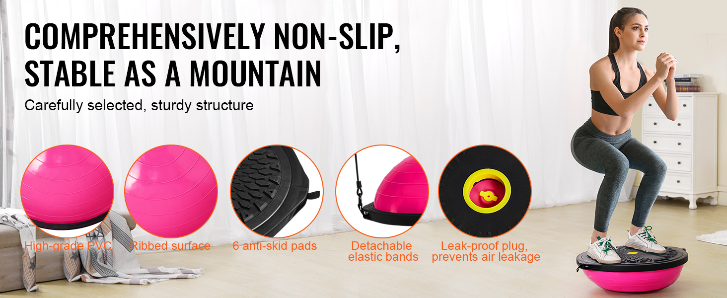 woman exercising on pink VEVOR balance ball trainer, showcasing high-grade pvc, anti-skid pads, elastic bands.