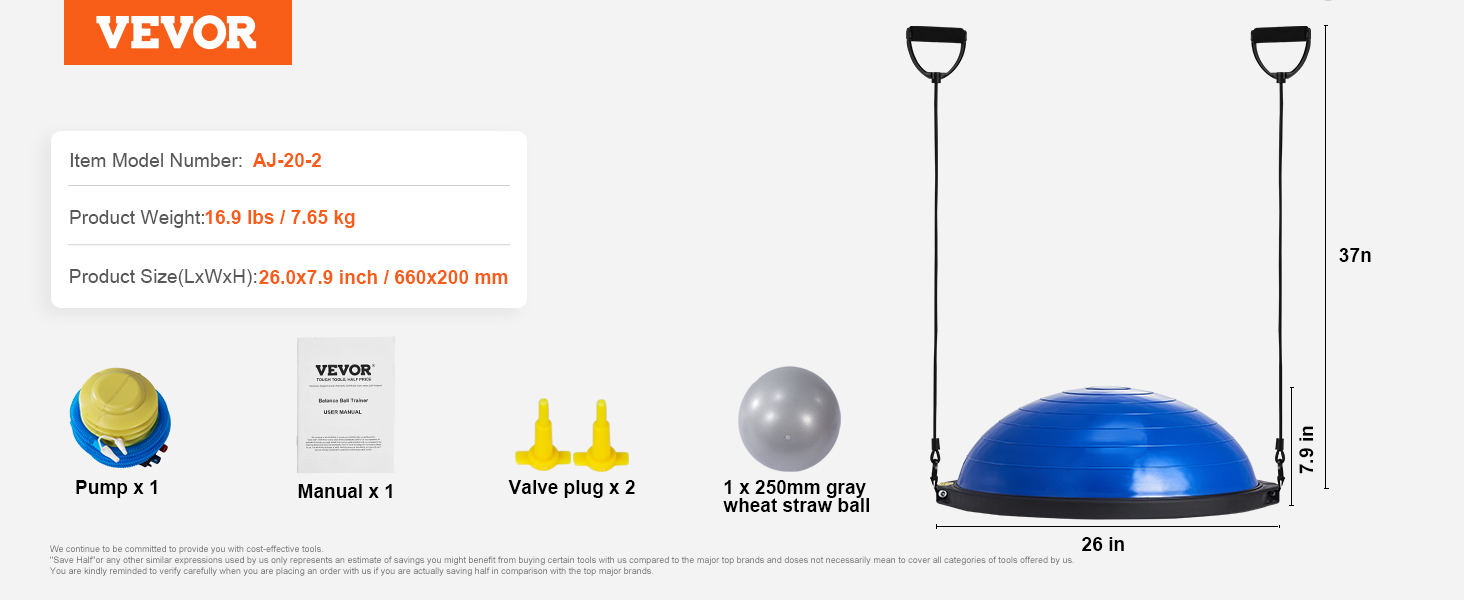 VEVOR balance ball trainer with resistance bands, pump, manual, 2 valve plugs, and gray wheat straw ball.