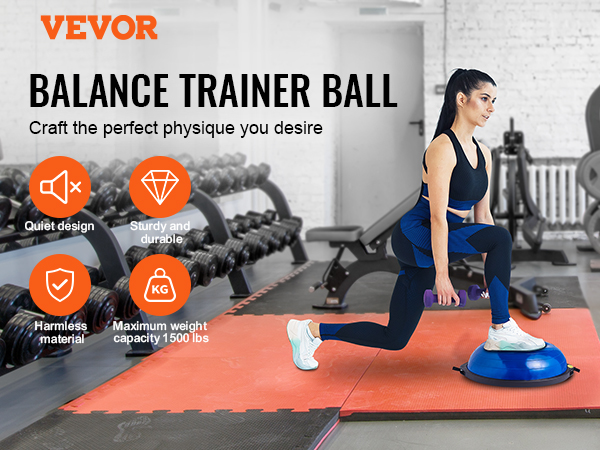 woman exercising on VEVOR balance ball trainer in gym, showcasing quiet design, sturdy build, and 1500 lbs capacity.