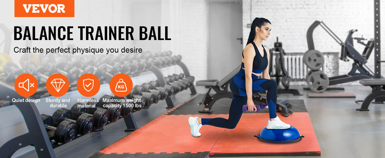 woman exercising on VEVOR balance ball trainer in gym, showcasing quiet design, sturdy build, and 1500 lbs capacity.