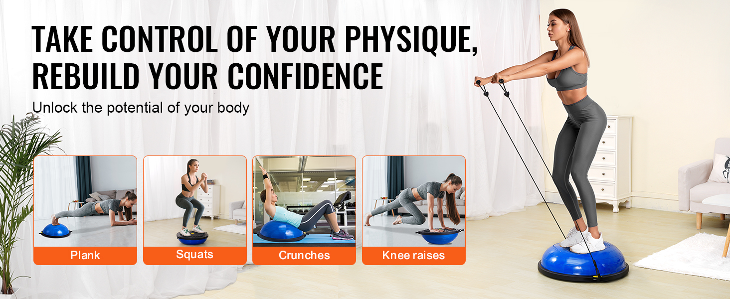 woman using VEVOR balance ball trainer with images of plank, squats, crunches, and knee raises exercises.