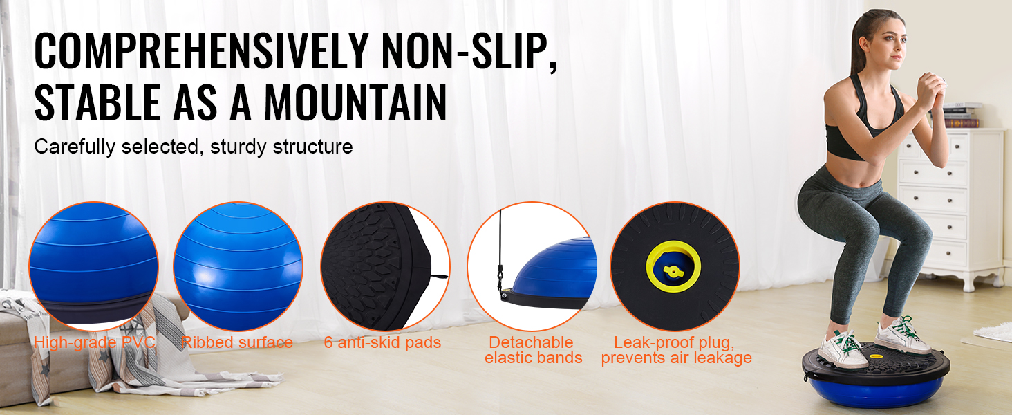 VEVOR balance ball trainer: non-slip, high-grade pvc, ribbed surface, anti-skid pads, elastic bands.