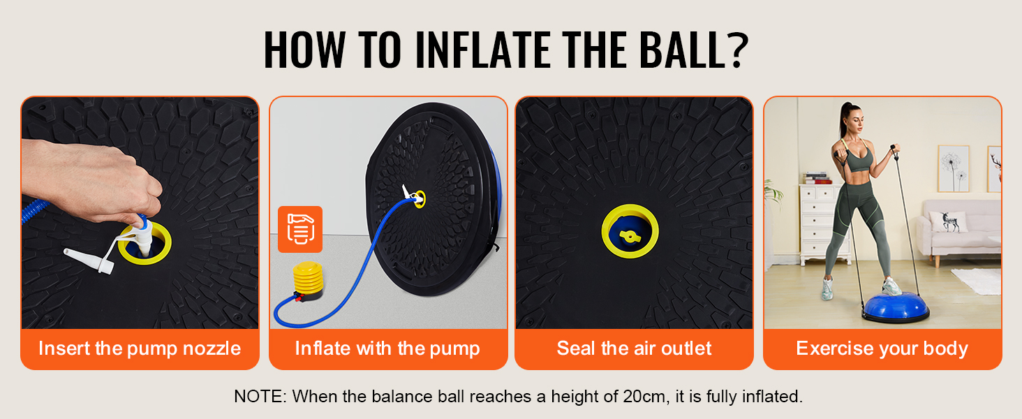 how to inflate the VEVOR balance ball trainer with step-by-step instructions: insert nozzle, pump, seal, exercise.