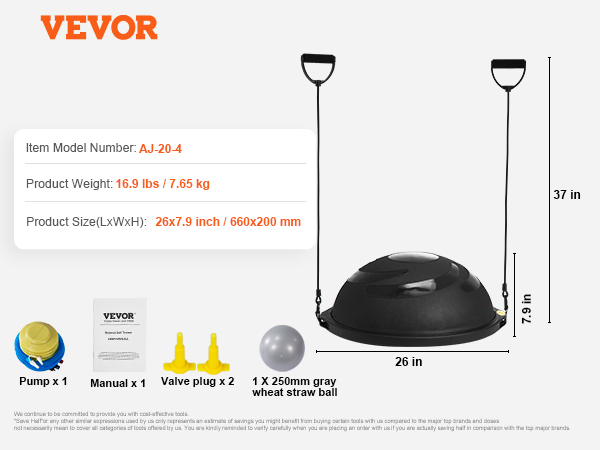 VEVOR balance ball trainer with pump, instruction manual, valve plugs, and gray wheat straw ball.