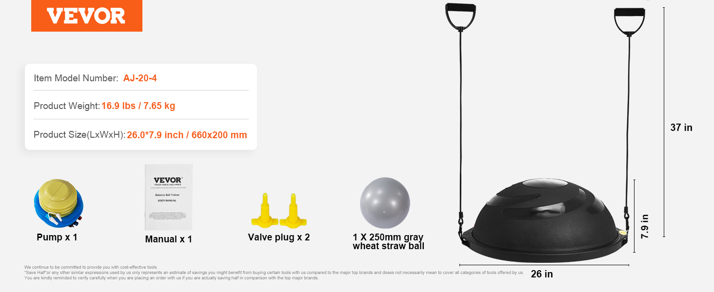 VEVOR balance ball trainer with pump, instruction manual, valve plugs, and gray wheat straw ball.
