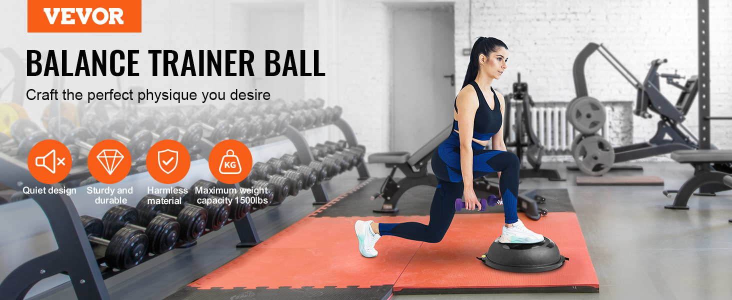 VEVOR balance ball trainer in gym setting, highlighting quiet design, durability, and 1500lbs capacity.
