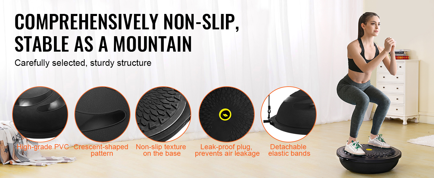 VEVOR balance ball trainer with high-grade pvc, non-slip base, leak-proof plug, and detachable bands.