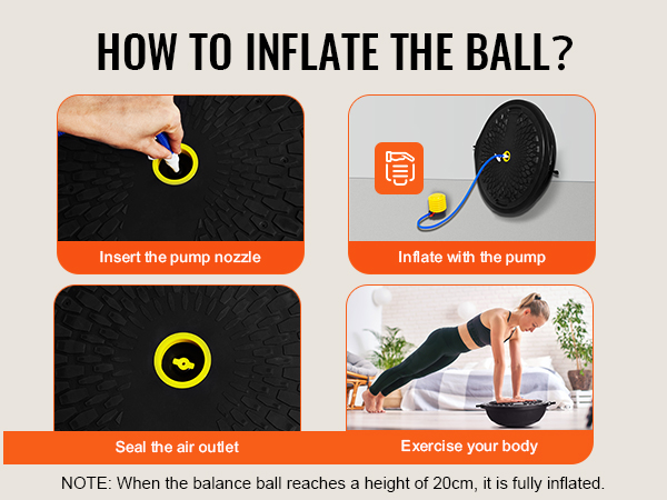 how to inflate VEVOR balance ball trainer including nozzle insertion, pump use, and sealing outlet.