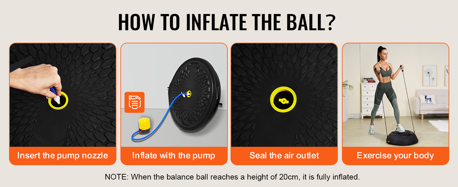 how to inflate VEVOR balance ball trainer including nozzle insertion, pump use, and sealing outlet.