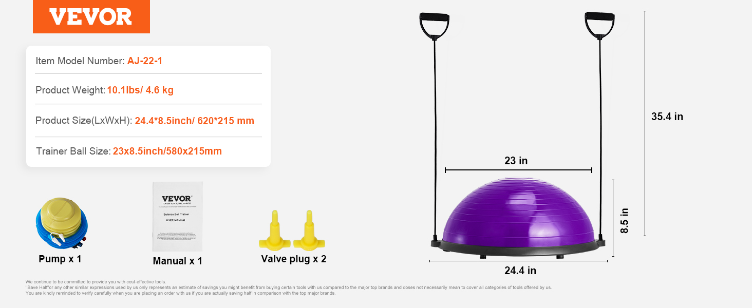 VEVOR half exercise ball trainer, 23x8.5 in, 10.1 lbs, with pump, manual, and valve plugs.