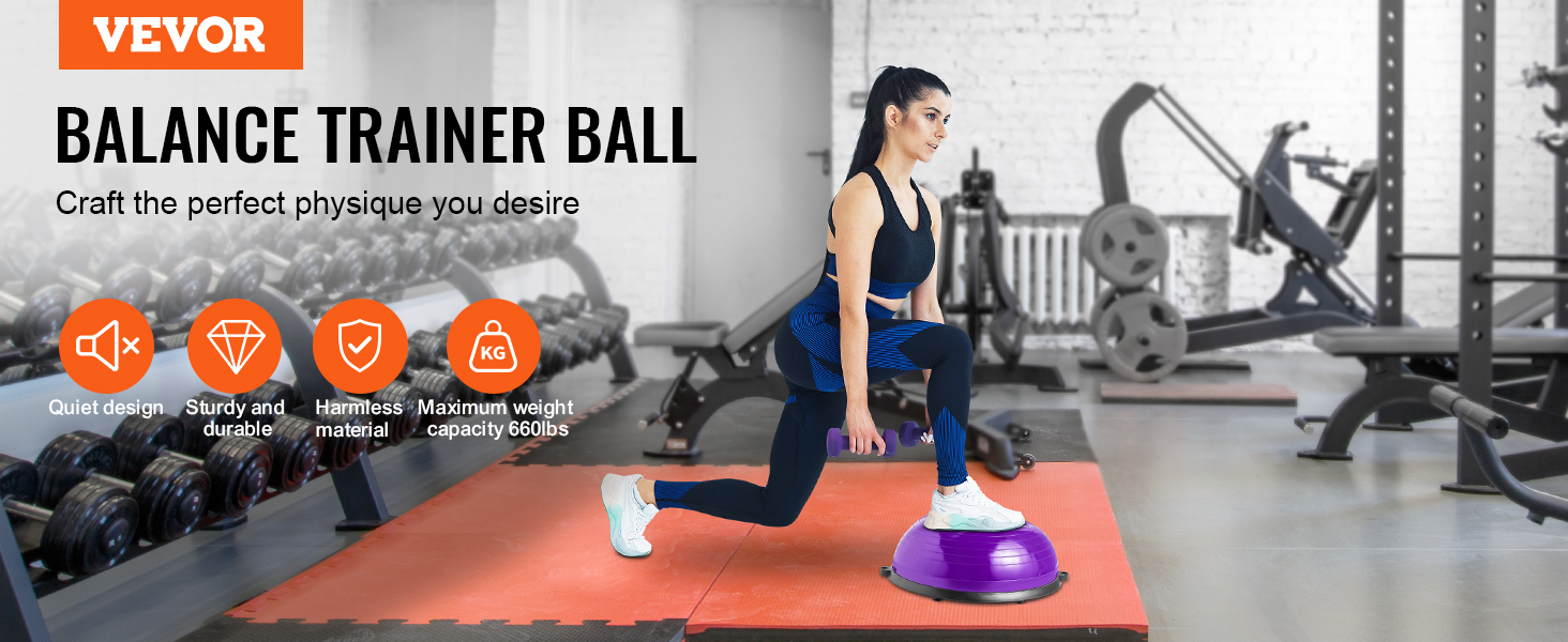 VEVOR half exercise ball trainer in a gym setting with key benefits highlighted: quiet, durable, safe, 660lbs capacity.