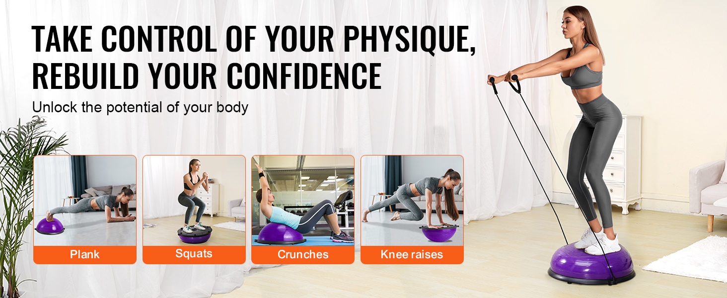woman using VEVOR half exercise ball trainer for squats, with images of plank, squats, crunches, knee raises.