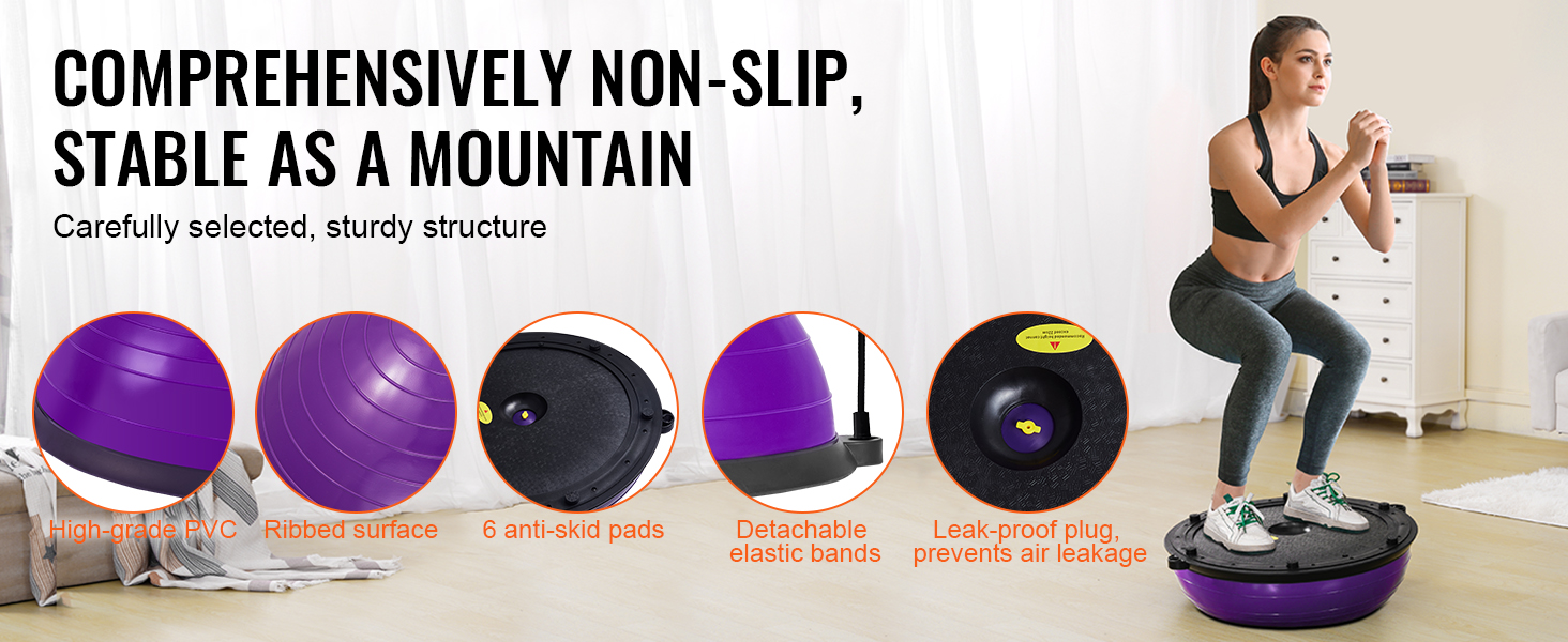 VEVOR half exercise ball trainer with ribbed surface, anti-skid pads, detachable elastic bands.
