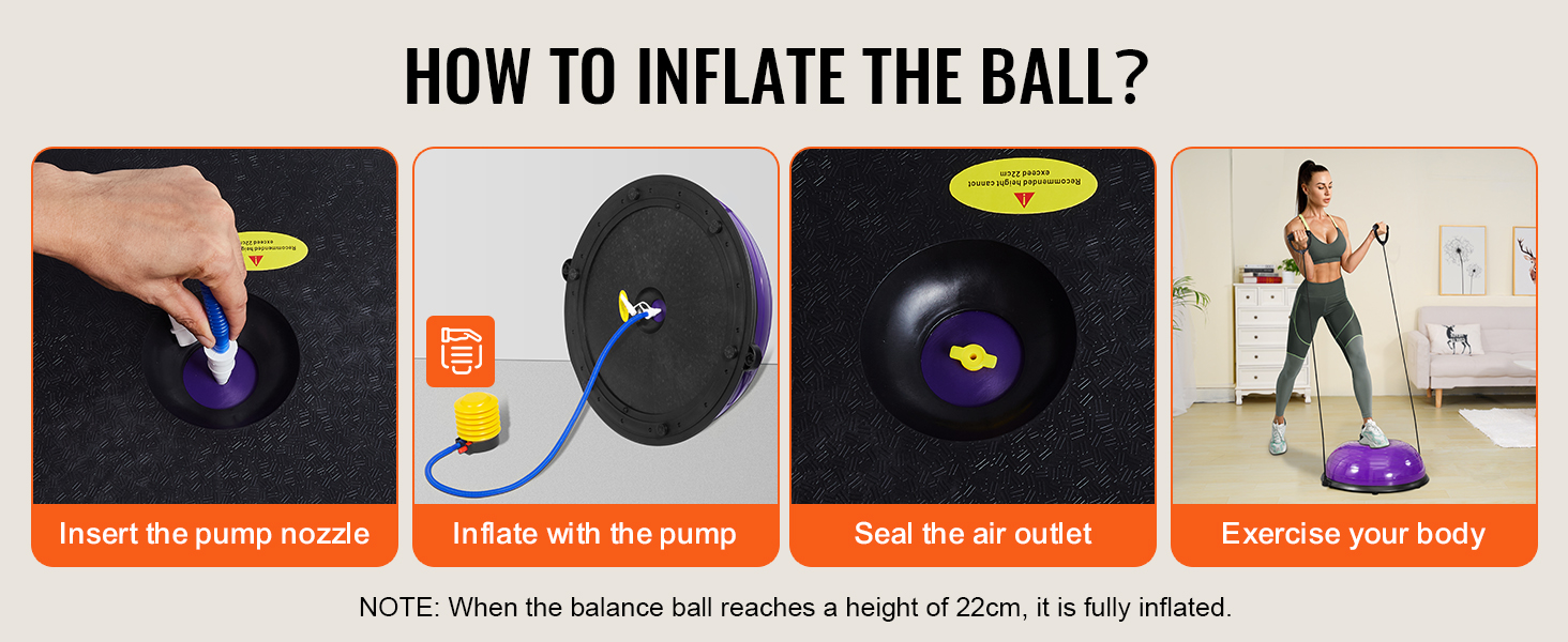 instructions on inflating the VEVOR half exercise ball trainer, showing each step and a person using it.