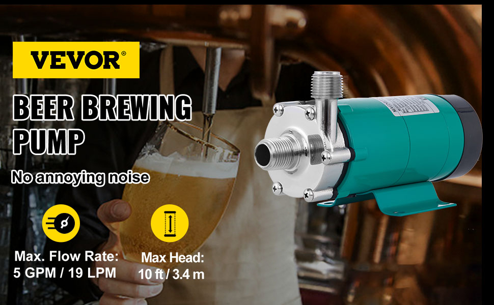 VEVOR magnetic brewing pump showcased with max flow rate and head specs in brewing setup.
