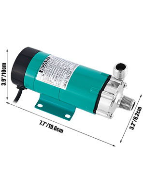 VEVOR magnetic brewing pump, green cylindrical body with dimensions labeled.
