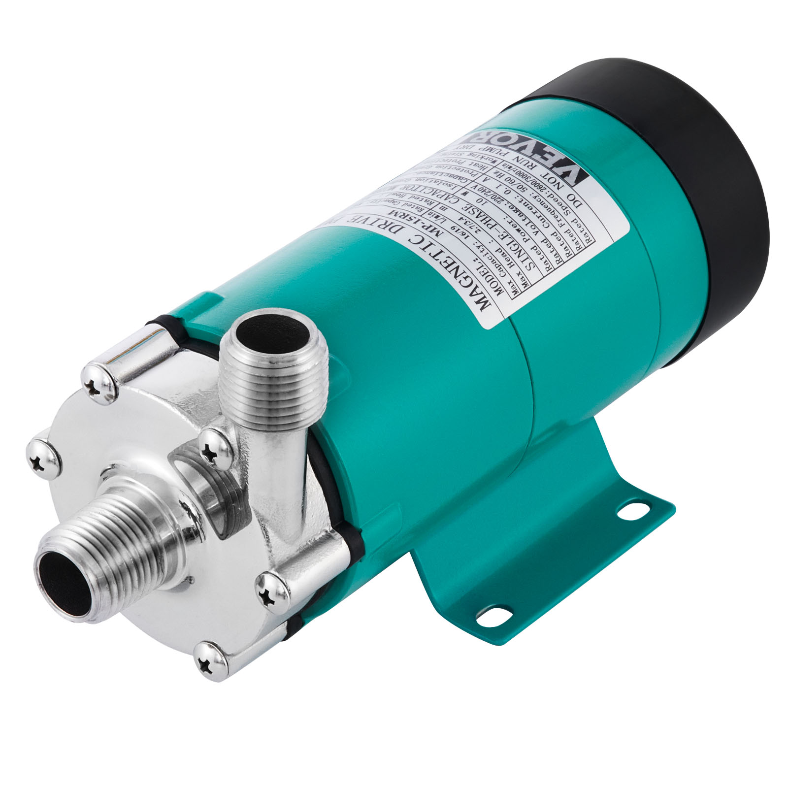 green VEVOR magnetic brewing pump with metal fittings and labeled specifications.