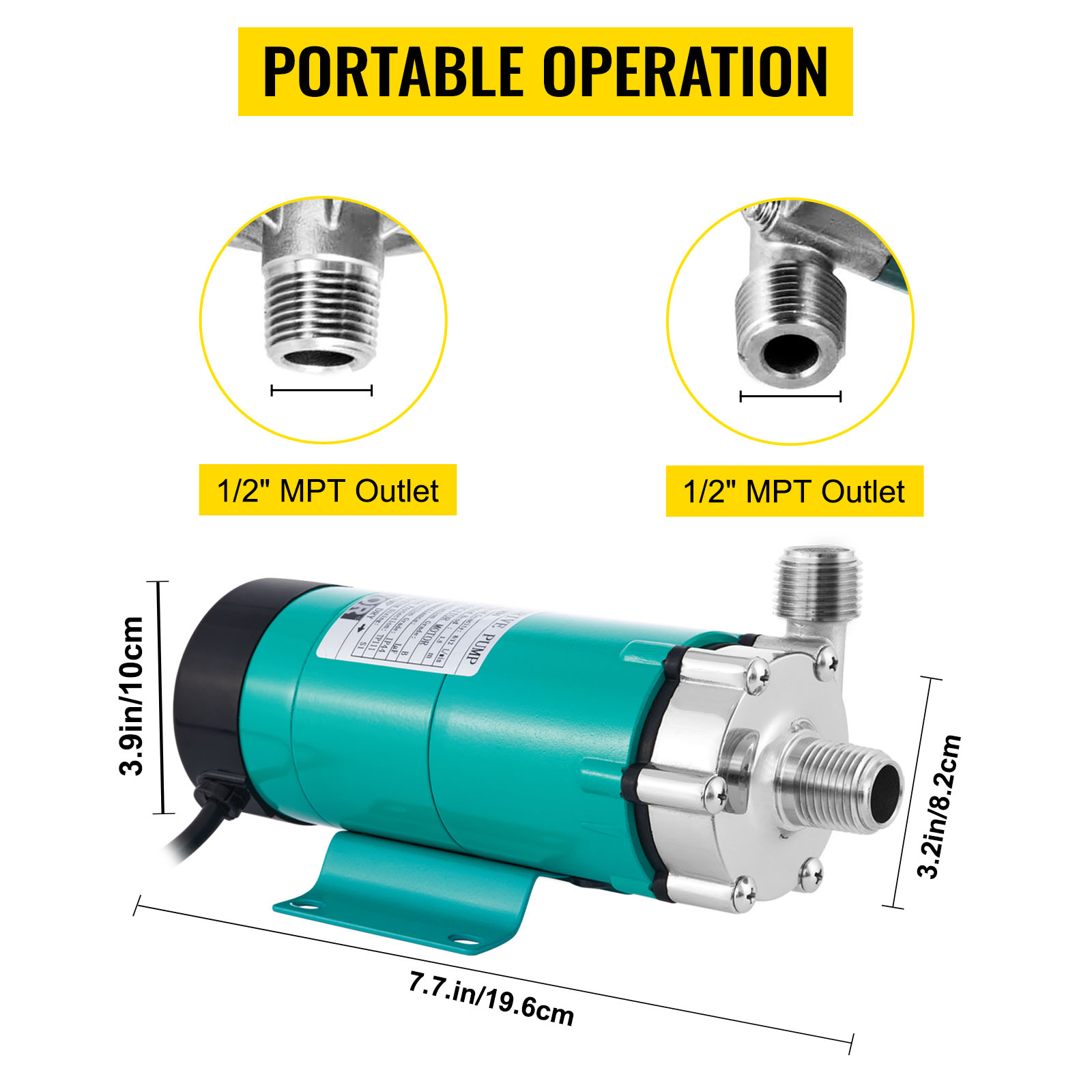 VEVOR magnetic brewing pump with 1/2" mpt outlet, portable, teal, 3.9in x 3.2in x 7.7in.
