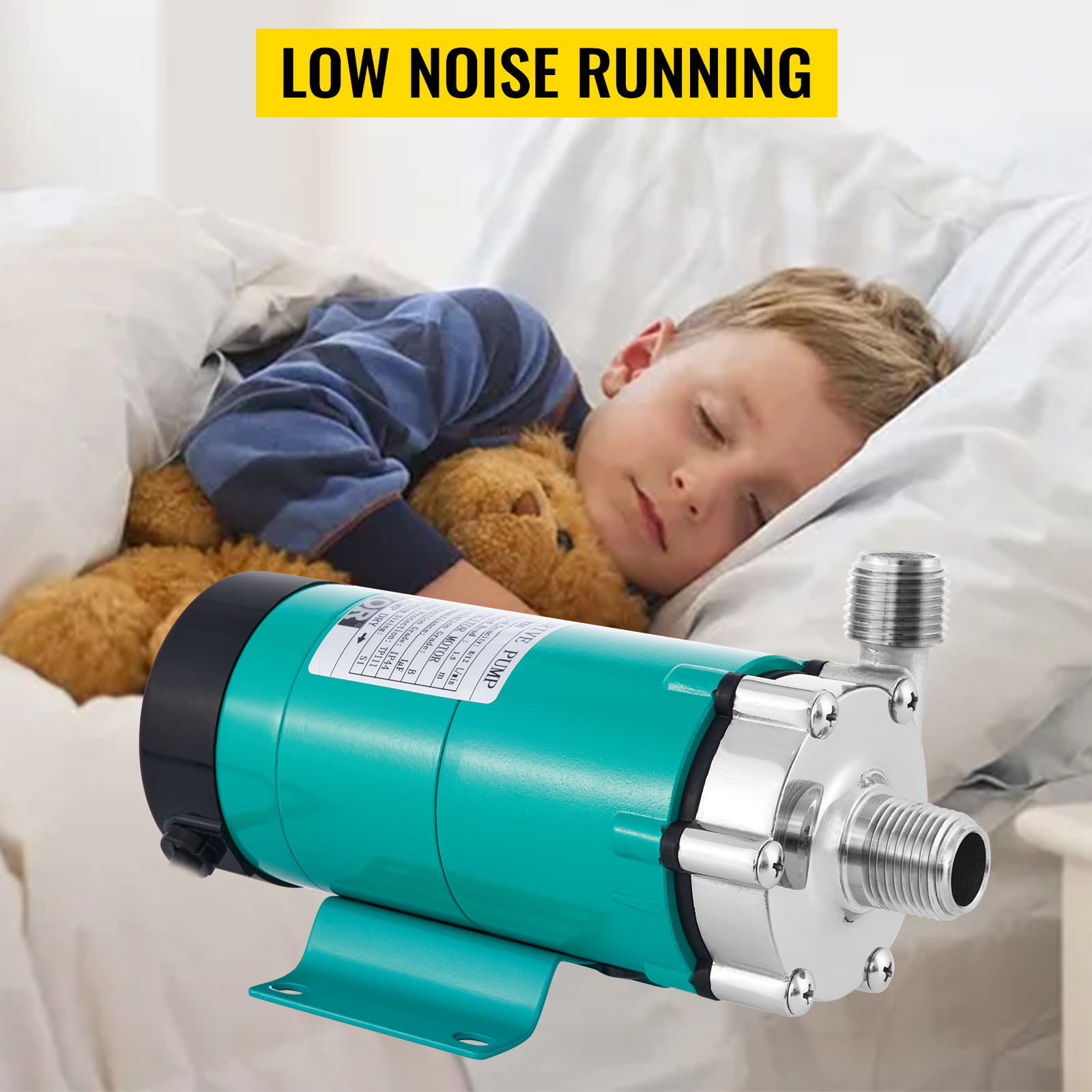 VEVOR magnetic brewing pump with low noise running next to a sleeping person.