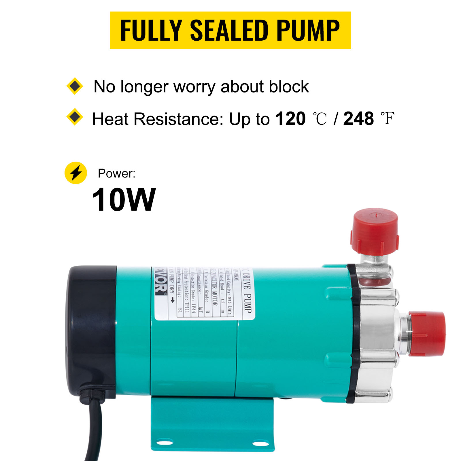 VEVOR magnetic brewing pump, 10w, fully sealed, heat resistant up to 120°c/248°f.