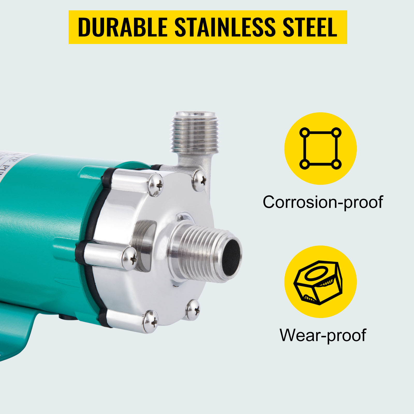 VEVOR magnetic brewing pump with durable stainless steel, corrosion-proof and wear-proof.