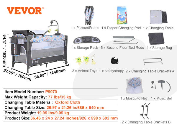 VEVOR baby bassinet with storage rack, changing table, and accessories including toys and mosquito net.
